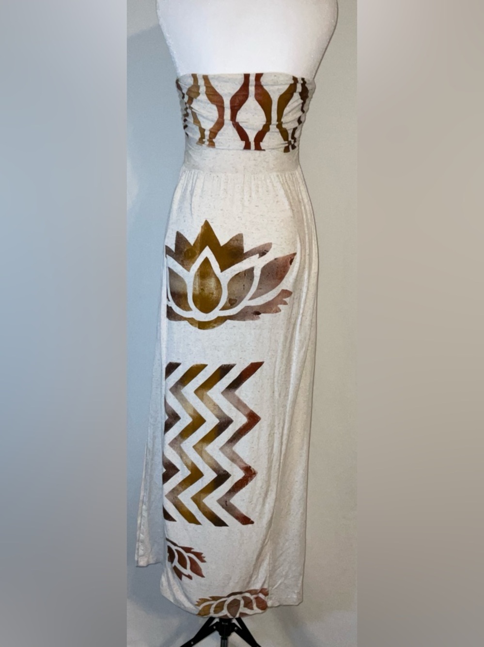 By Sol Rustikamente Boutique Strapless Boho Maxi Dress Lotus Print | Size Small - Picture 3 of 6